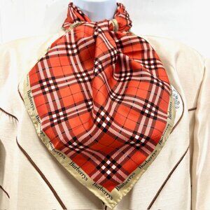 New Unused   Burberry  Miniscarf 23"x23",  silk, red orange white black nova(66